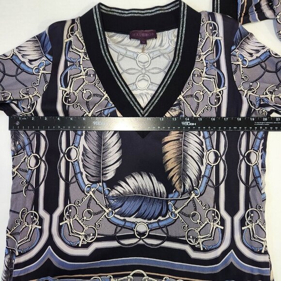 Hale Bob V-Neck Knit Top M Grey Blue Black Harness Print‎ Long Sleeve Stretch - Picture 6 of 10